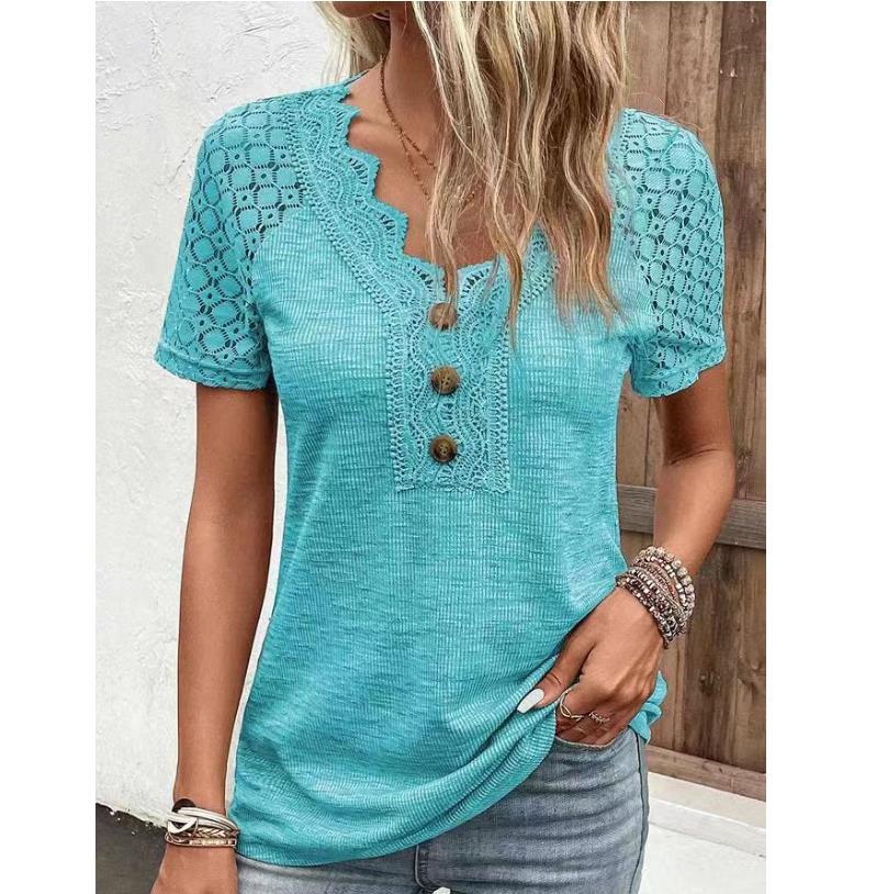 Лето 2023, футболки с v-образным вырезом, женская кружевная свободная футболка, повседневная однотонная футболка, удобная футболка с коротким рукавом 28315