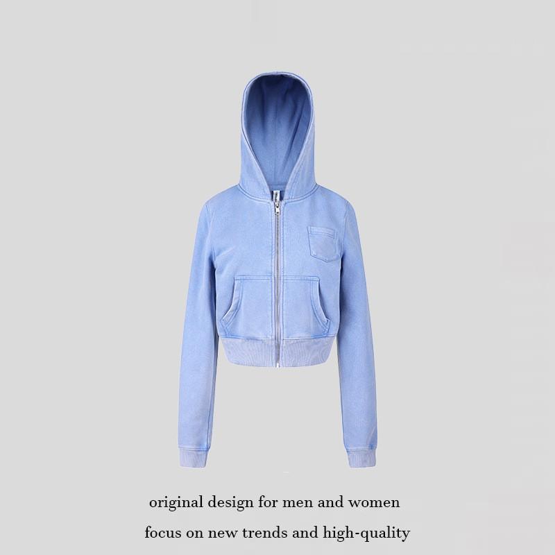 Womens Vintage Wash Hooded Zip Sweatshirt Slim Fit Short Streetwear Casual Top 2026