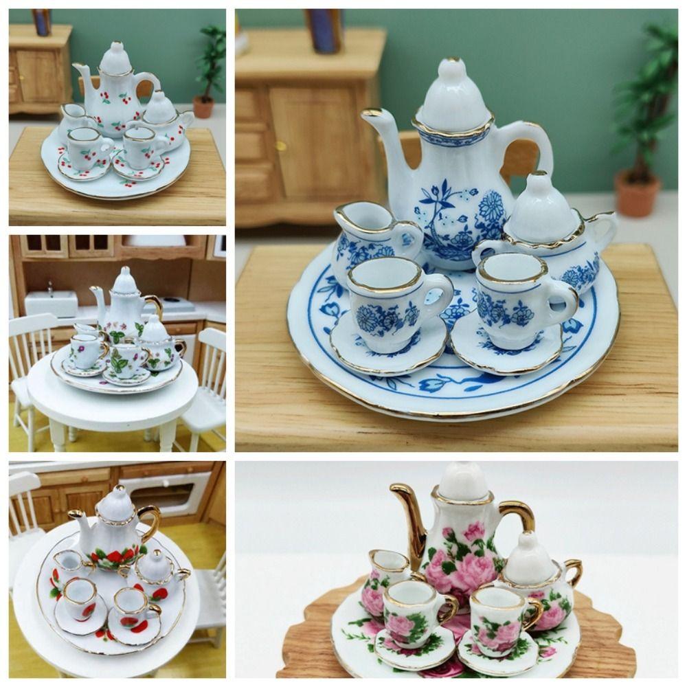 Floral Print Doll Porcelain Tea Set Tableware Miniature Cups Pot Dollhouse Dinnerware Pretend Play