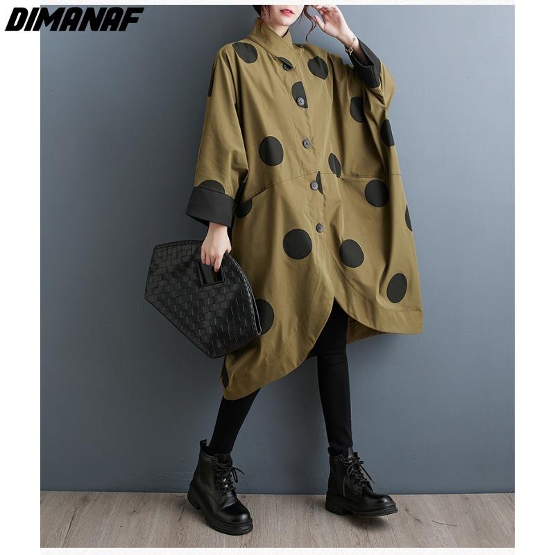 DIMANAF Большой размер Длинный тренч с винтажным принтом в горошек и рукавами «летучая мышь» на осень/зиму 2023