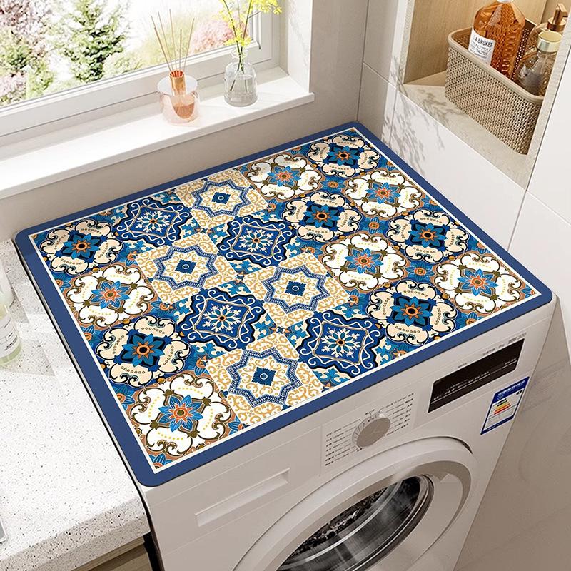 Vintage Checkered Printed Washing Machine Dust Cover Pad, Quick-Dry Absorbent Protective Top Mat For Washer And Dryer