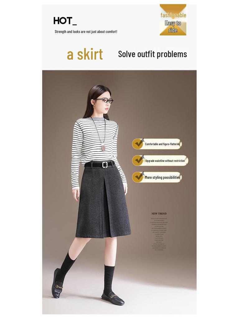 Elegant High-Waisted Woolen A-line Midi Skirt - Winter 2025