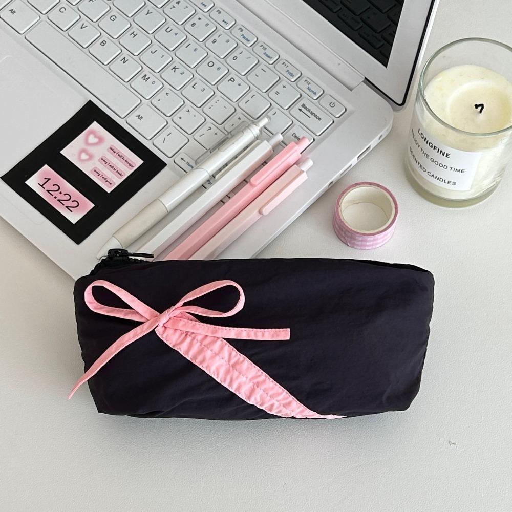 Fashion Large Capacity Bowknot Pencil Case Solid Color Cute Bow Lipstick Storage Bag Zipper School Students Stationery Pouch