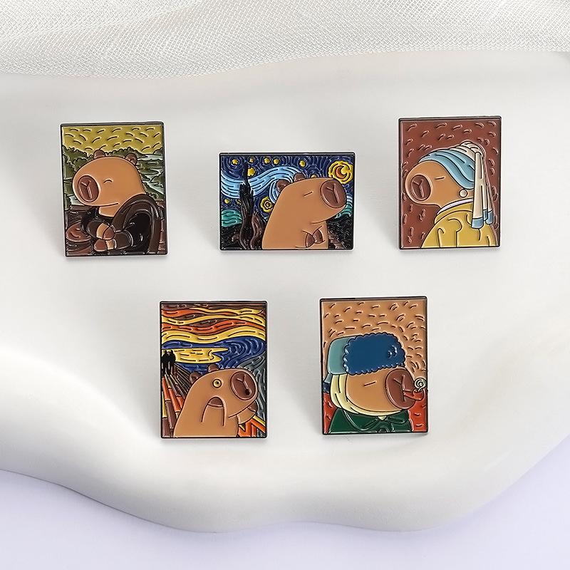 Creative Capybara Enamel Pins Lapel Brooches Cowboy OilPainting Car Burger Sandwich Dagger Funny Capybara Cartoon Badge Jewelry