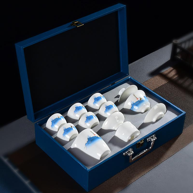 White porcelain tea set business gift cover bowl tea set gift box set suet jade porcelain high-end kung fu tea set