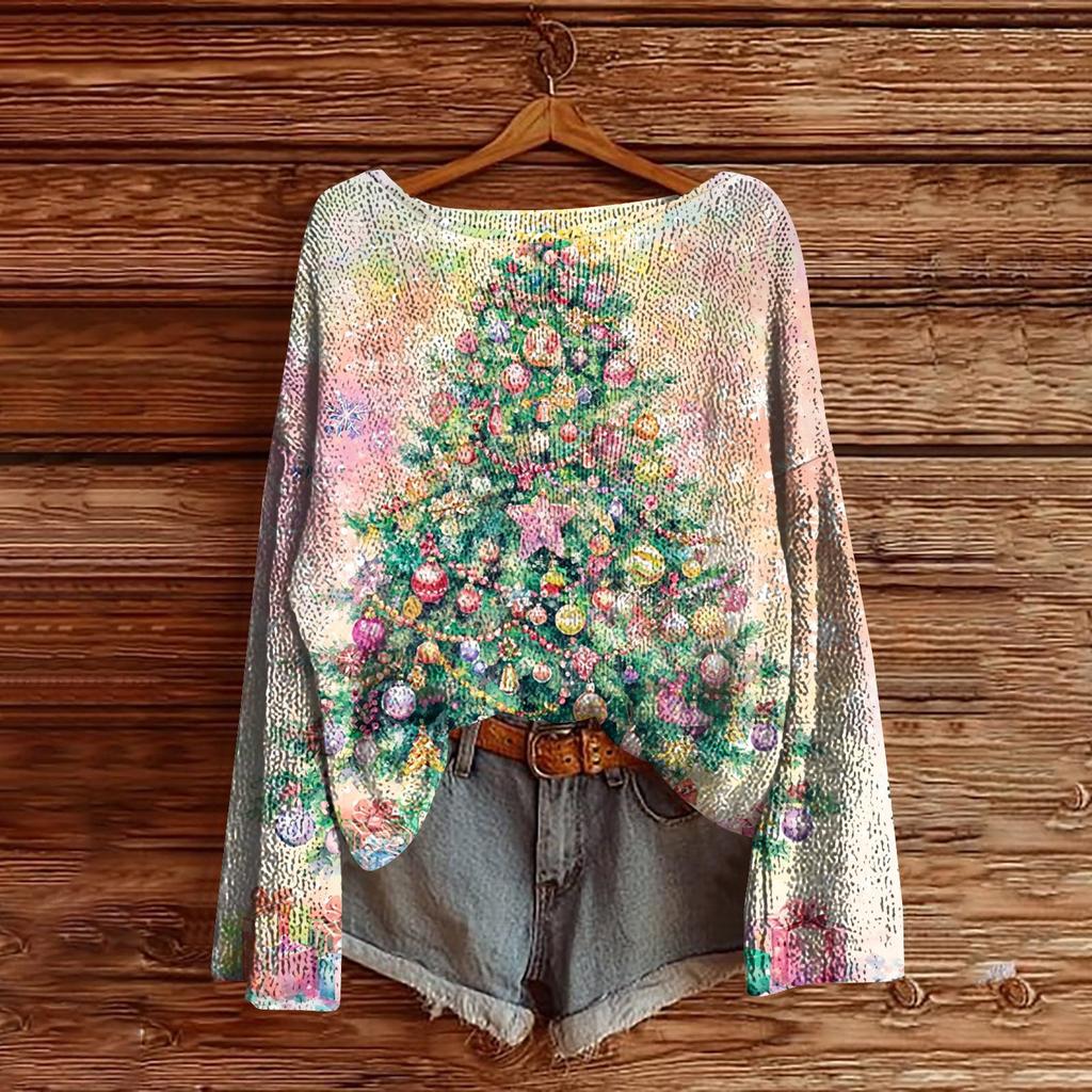 Women's Christmas Print Lightweight Sweater Casual Long Sleeve Knitted Pullover