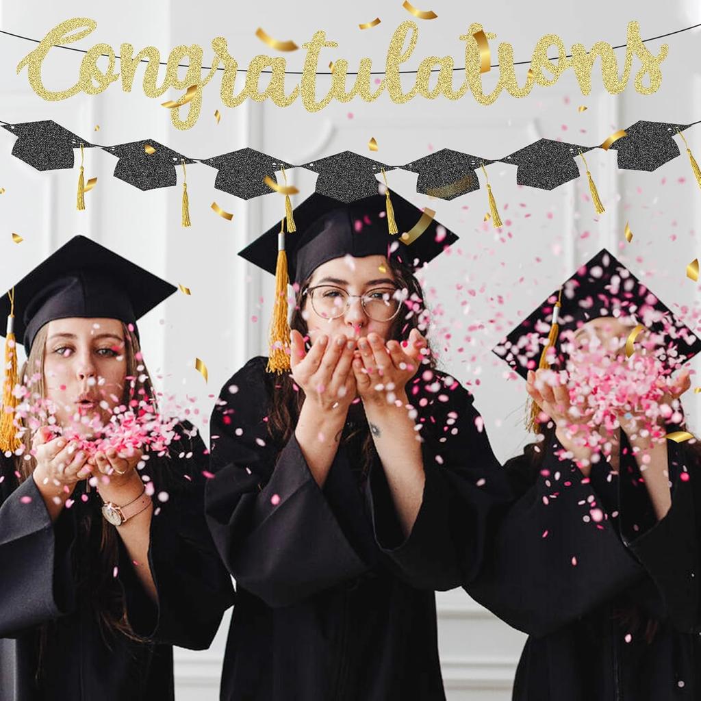 Graduation Banner-Gold Glitter Congratulation Banner -Class of 2025 Congratulations decorations,congrats grad banner for Party Supplies Graduation