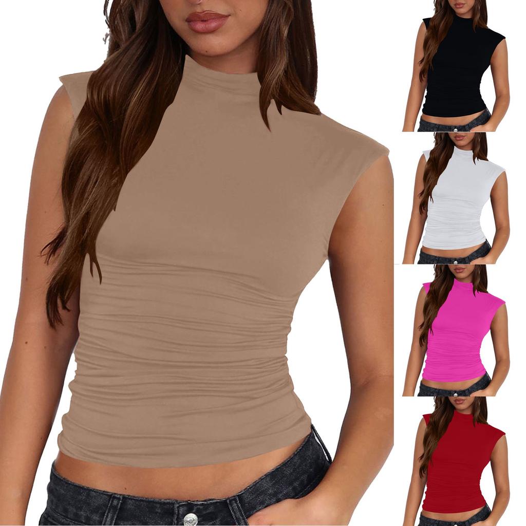 Женский повседневный однотонный топ-майка с полувысоким воротом, облегающий, без рукавов, универсальный
