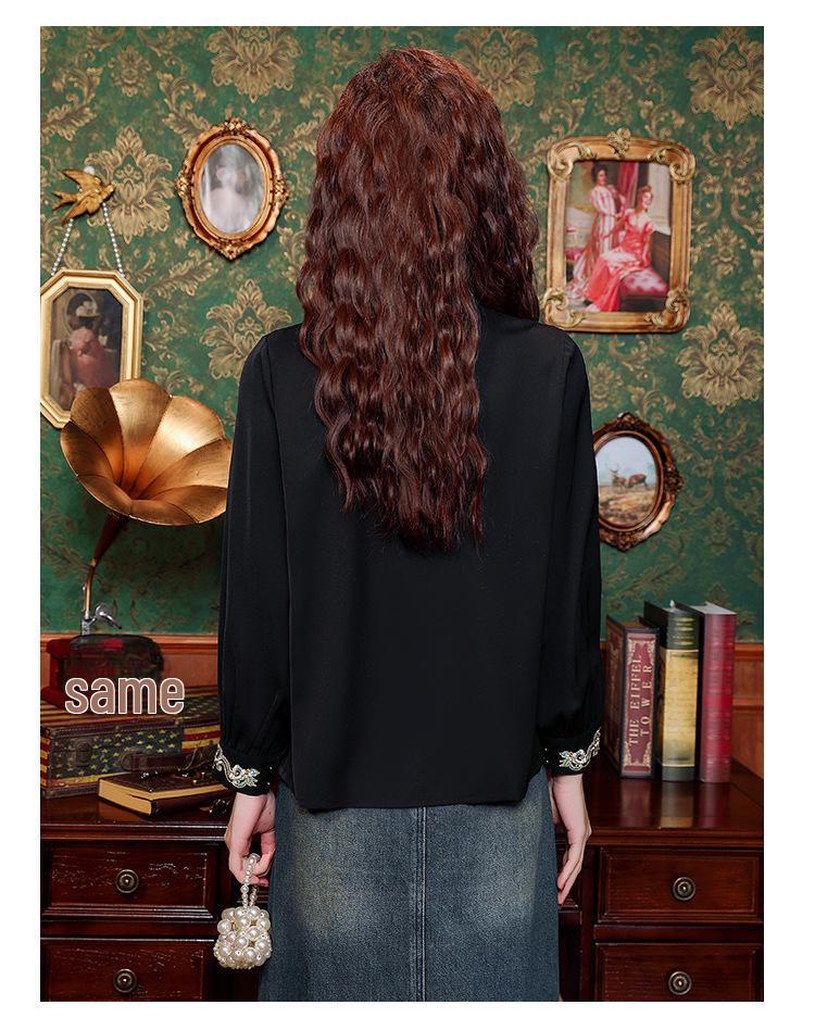 Women's Stand-Up Collar Shirt with Chinese Embroidery, Zen Style Long-Sleeve Top for Spring and Autumn.
