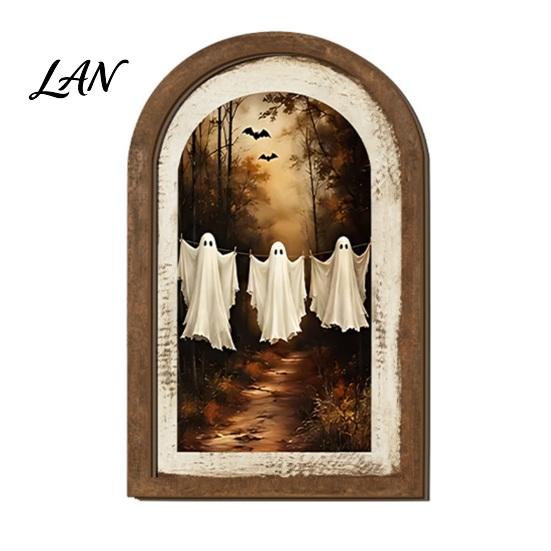 Autumn Tiered Tray Decor Ghost Arched Wall Decor, Cute Halloween Table Sign, Rustic Farmhouse Entryway Tabletop Sign Shelf Art for Mantel Living Room