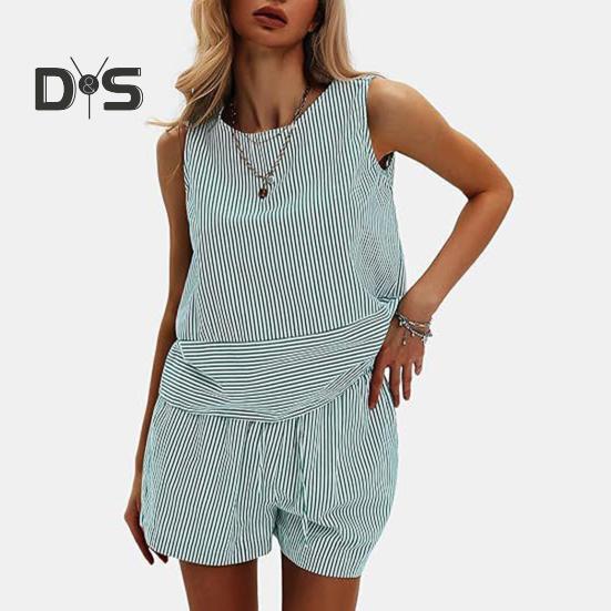 Женские летние комплекты из 2 предметов: майка без рукавов, шорты, повседневные полосатые спортивные костюмы, комплект для отпуска на пляже