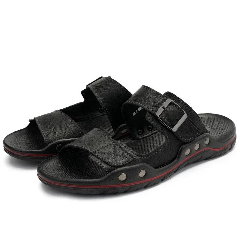High Quality Casual Leather Sandals Men Comfy All-match Slipper 2025Summer Flat Designer Walking Shoes Beach Breathable Slippers