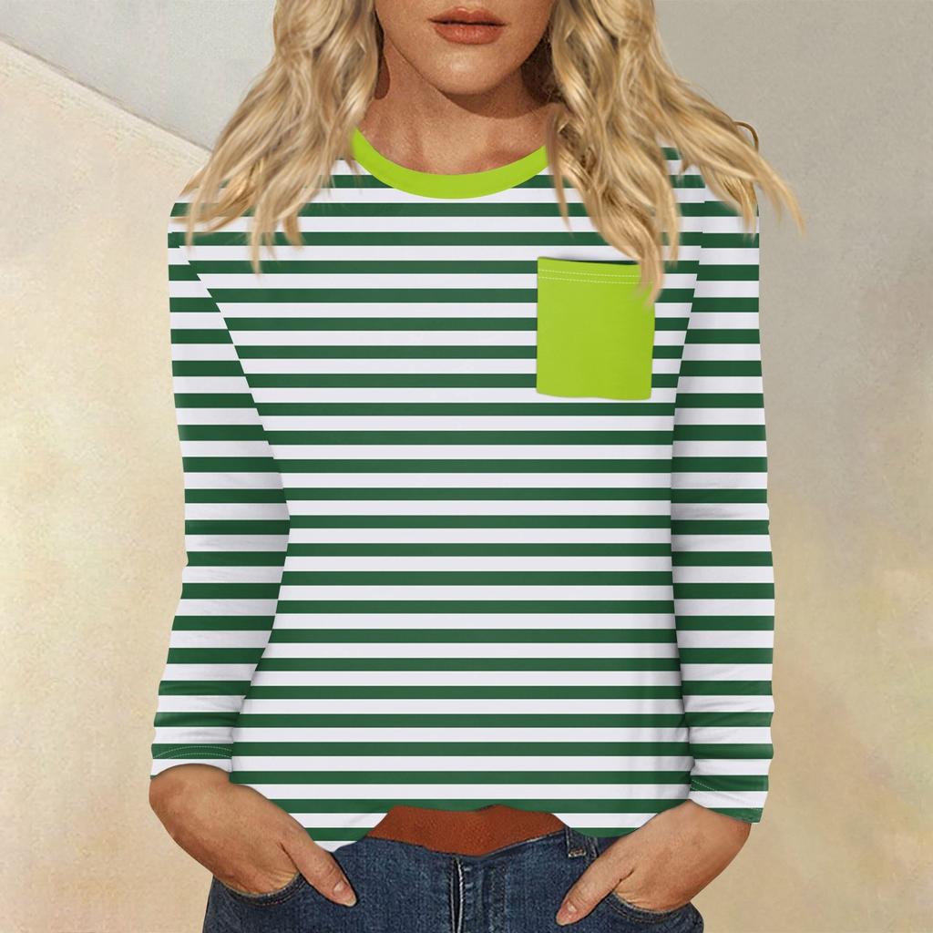 Женский повседневный топ с круглым вырезом и длинными рукавами в полоску с принтом