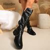 Fashion Rivet Decor Mid-Tube Boots Autumn New for Women Black PU Mid Heel Long Leather Boots Pleated Slip On Bottes Femmes Fashion Botas