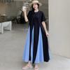 MODIQUE Summer Plus Size New Women Loose Color Contrast Fishtail Skirt A-Line Patchwork Long Dress Female Casual Short Sleeve O-Neck Dresses
