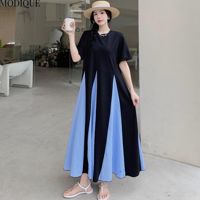MODIQUE Summer Plus Size New Women Loose Color Contrast Fishtail Skirt A-Line Patchwork Long Dress Female Casual Short Sleeve O-Neck Dresses