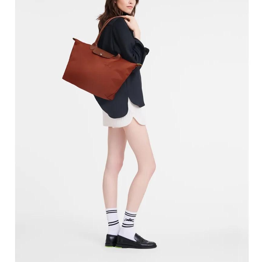 Longchamp Серия Le Pliage Серебристая металлическая молния Застежка-кнопка Холст из переработанного полиамида С кожаной сумкой-пельмешкой Сумка-тоут Сумка через плечо 1899919404
