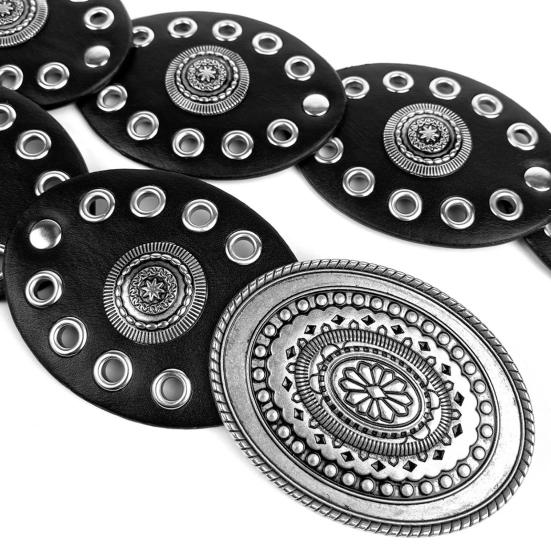 Women Belt Round Buckle Wide Eyelets Faux Leather Adjustable Belt Exaggerated Round Shape Hollow Disc Waist Belt