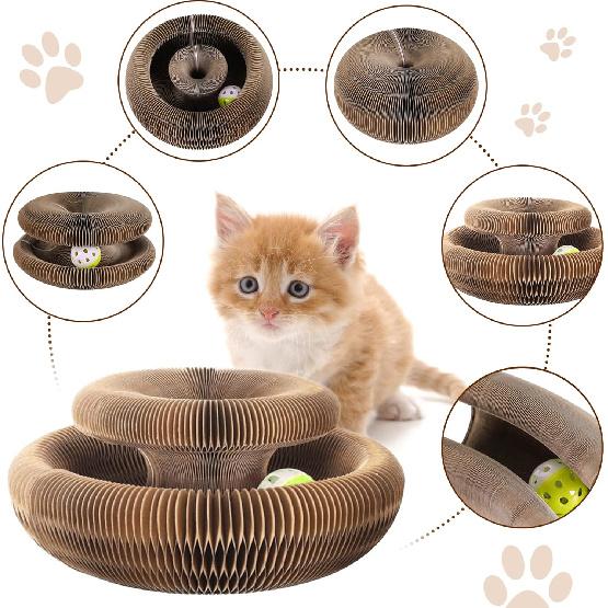 Magic Organ Cat Scratcher Pad with Bell-Ball, Cat Cardboard Lounge Bed, Kitty Kurlz Cat Toy, Cat Accordion Cordain, Foldable Interactive Cat Butler