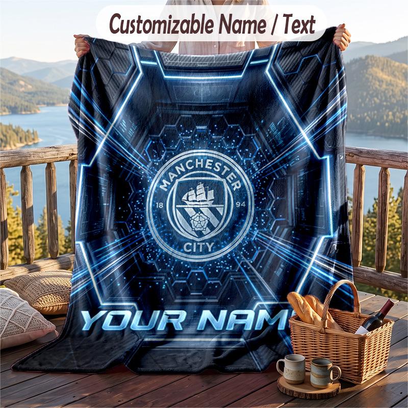 Flannel Blanket Manchester City Print Custom Name Text Soft Throw for Sofa Bed