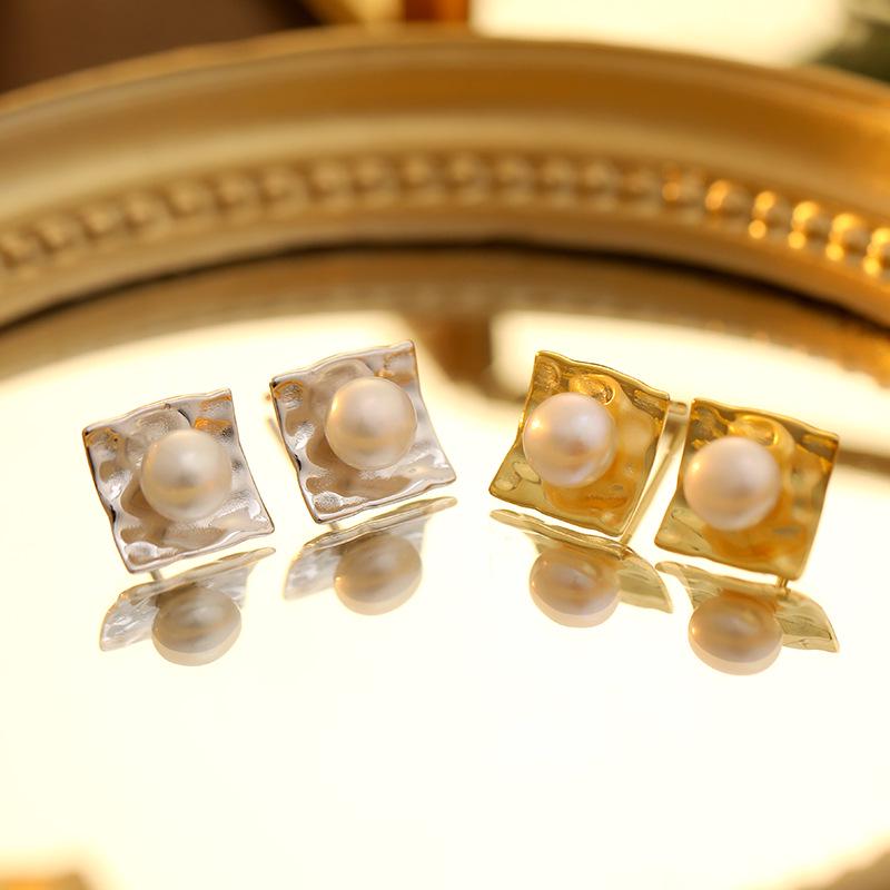 Серьги-пусеты Banyan Tree из серебра 925 пробы с геометрическим дизайном и жемчугом-ракушкой - Корейский трендовый нишевый стиль