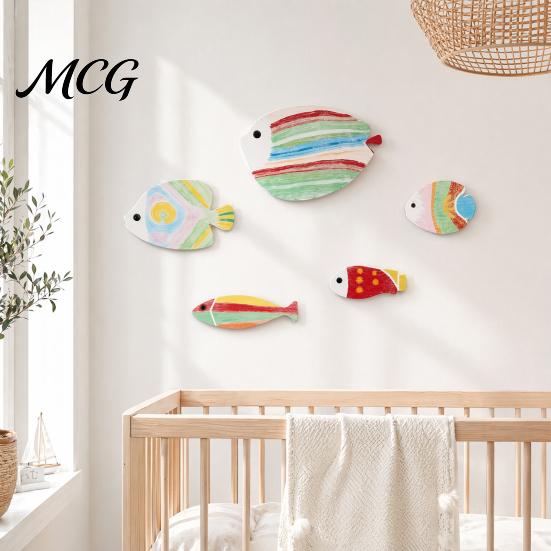 3D Fish Wall Stickers 5Pcs Wooden Decor, Rainbow Striped Tropical Ornaments with Macaron Color Decoration Embossed Texture, Lightweight Coastal