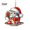 Reusable Christmas Ornaments Acrylic Teacup Cat Hanging Cute Cartoon Ornament Charming Festive Decorations 2D Flat Car Mirror Charm for Tree