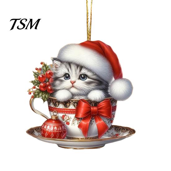 Reusable Christmas Ornaments Acrylic Teacup Cat Hanging Cute Cartoon Ornament Charming Festive Decorations 2D Flat Car Mirror Charm for Tree