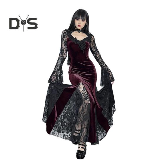 Женское платье для косплея в темном стиле, костюм для Хэллоуина, кружевное лоскутное шитье, цветочная вышивка, рыбий хвост, подол, длинные рукава, узкая талия, трапециевидная форма.