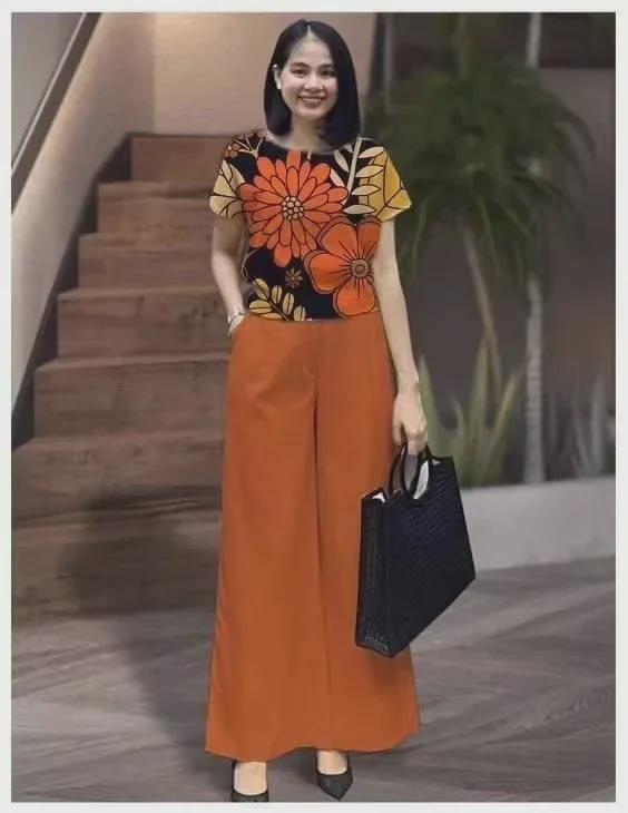 Женская летняя мода 2023 года: Однотонный свободный топ с короткими рукавами и напечатанные брюки, костюм из двух частей