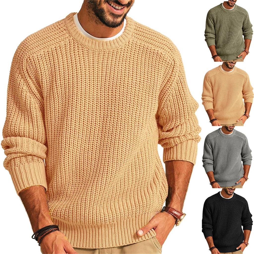 New Men's Solid Color Long Sleeve Round Neck Fashion Sweater Loose American Retro Knitwear