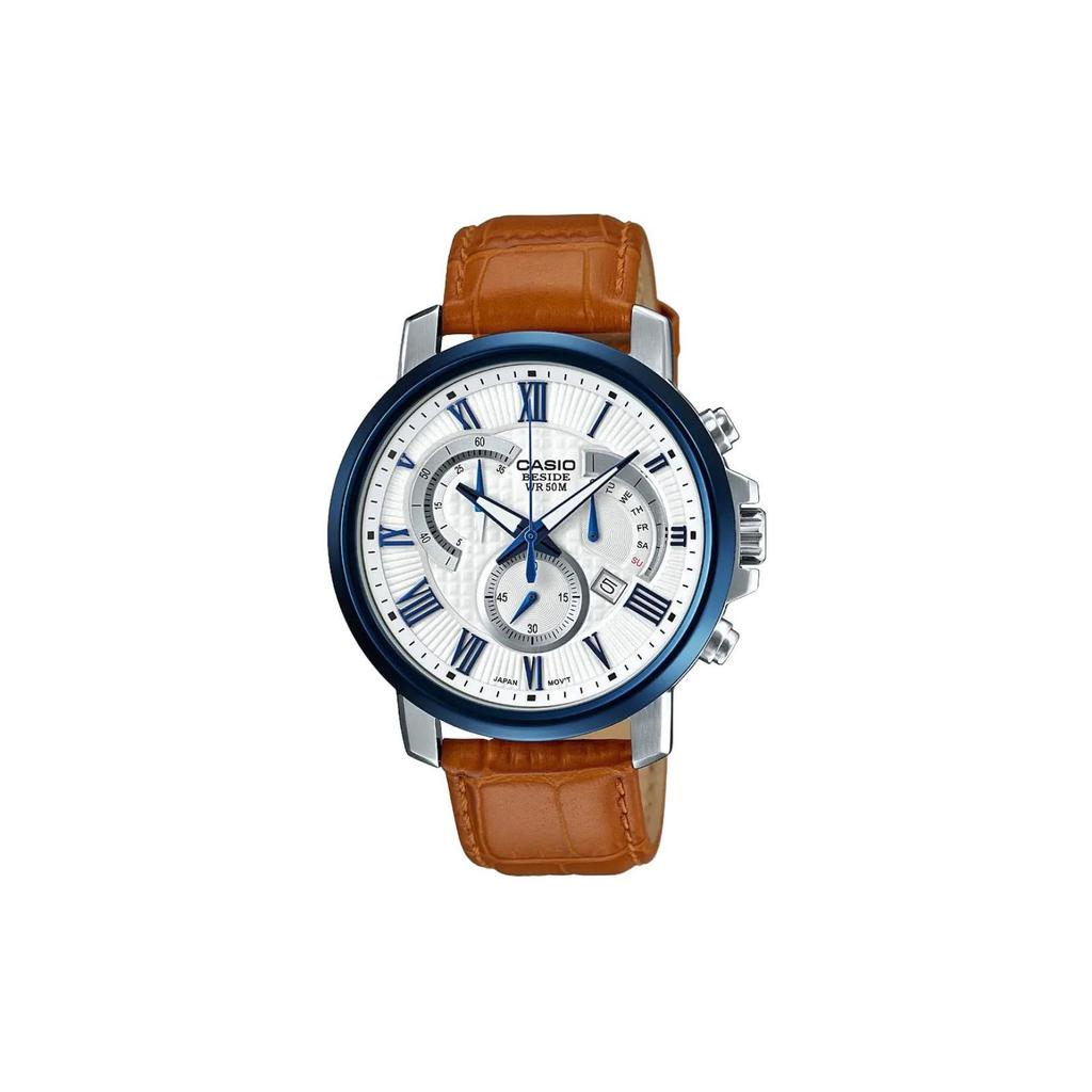 Casio 50M Водонепроницаемые Мужские часы с кварцевым механизмом и кожаным ремешком Белые BEM-520BUL-7A2