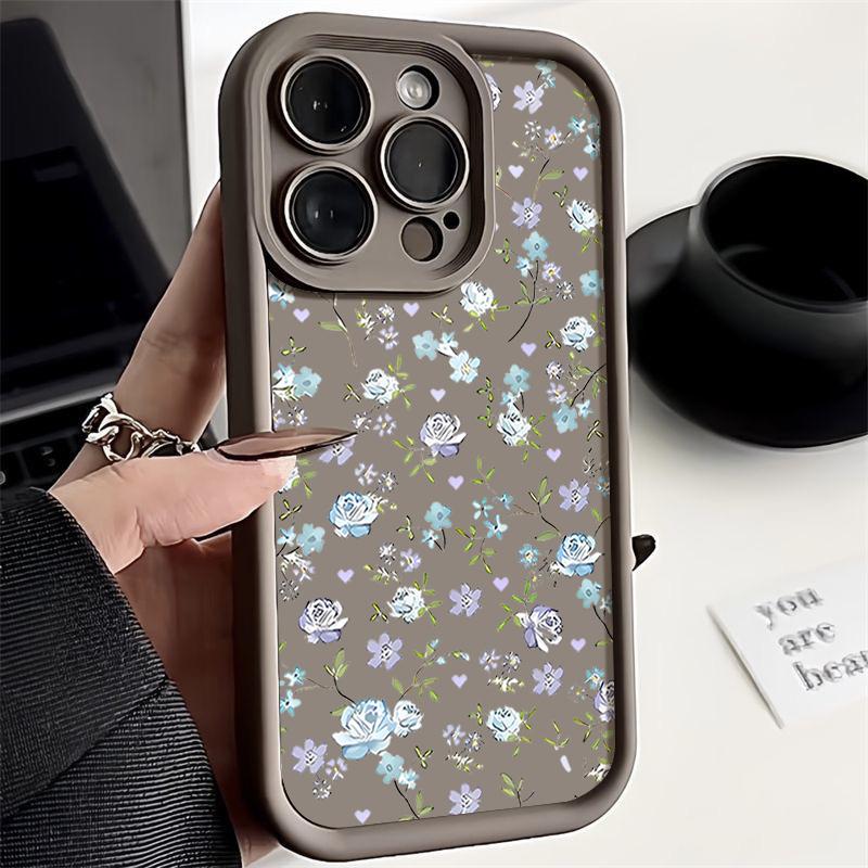 Синий матовый чехол для телефона с цветочным узором для iPhone 16 Pro Max 15 Pro 14 13 12 11 XS XR 8 7 защита линз TPU противоударный мягкий силиконовый бампер чехол