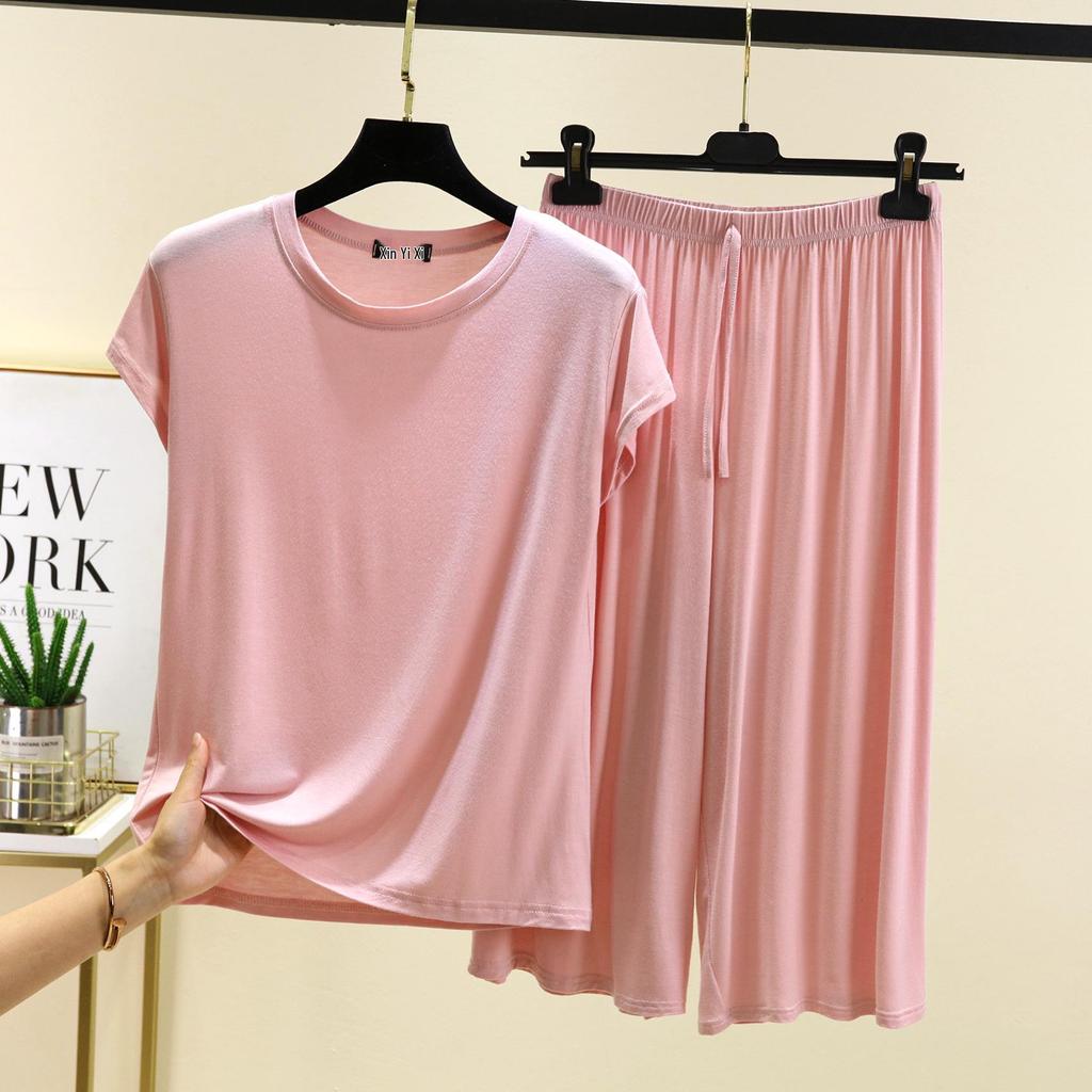 Женский повседневный комплект больших размеров из модала с коротким рукавом - Корейский стиль, брюки с широкими штанинами, двухпредметная домашняя одежда