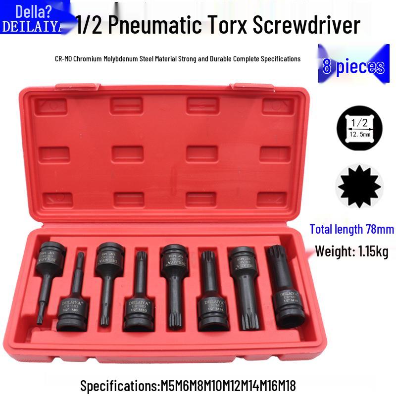 1/2 Air Impact Wrench with Integrated Plum Blossom Bit & Pneumatic Screwdriver Socket Set