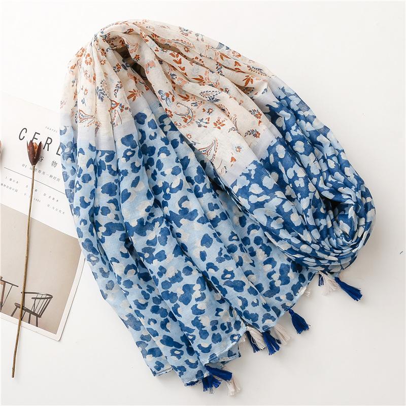 Luxury Women Viscose Scarf Ventilate Two-Color Leopard  Designer Shawl Cotton Linen Tassel Pashmina Muslim Hijab Wrap Floral