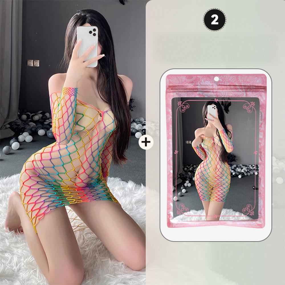 Sexy Lingerie for Women Fishnet Halter Chemise Rainbow Hot Mesh Mini Dress Bodysuit Through Clothes Flirtation Erotic for Couple