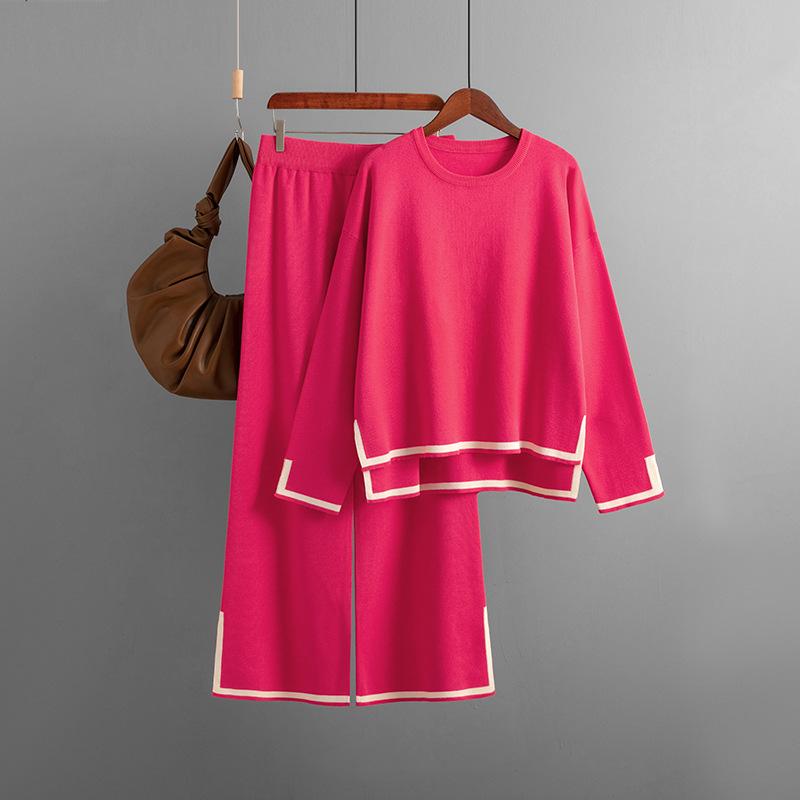 Осенне-зимний женский вязаный свитер, комплект, темпераментный цветной коллизион, топ с длинными рукавами и высокой талией, широкие брюки, две части