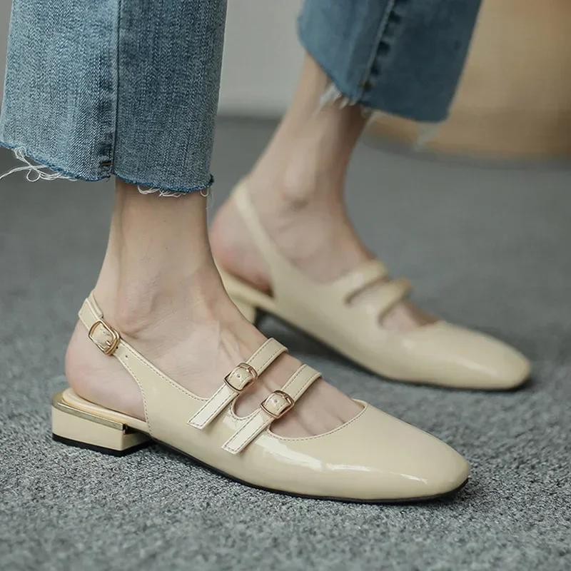 Женские сандалии Летняя обувь Женские туфли на плоской подошве с двойной пряжкой Туфли Мэри Джейн из лакированной кожи Туфли с ремешком сзади Mujer