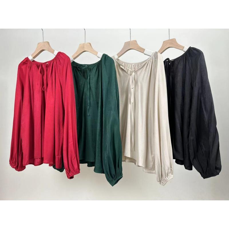 Spring and Autumn Women's Tops Lantern Sleeve Long Sleeve Loose Plus Size V-Neck Tie Shirt