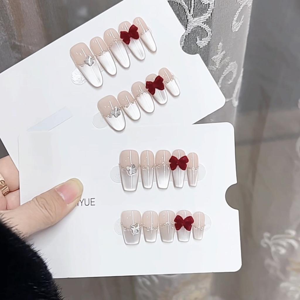 Чисто ручная работа Фототерапия Носит Ногти Красный Бархатный Бант Готовое изделие Многоразовый Накладной Ноготь