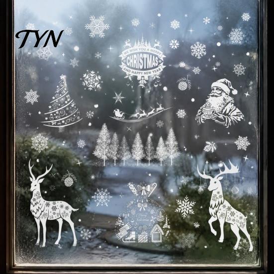 Static Window Clings 6Pcs Christmas Clings, Retro White Line Glass Sticker for Holiday Electrostatic Film Decoration, Reusable PVC Elk Santa