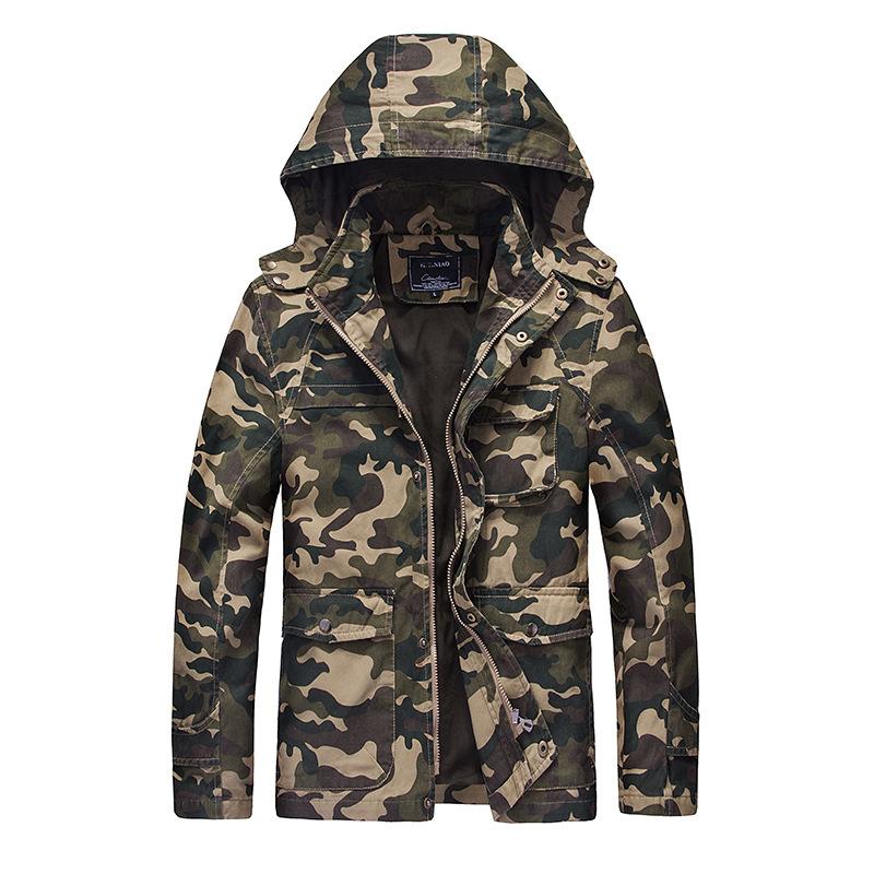 Men 'S Hooded Camouflage Jacket Casual Cotton Multi -Pocket Flight Suit Jacket Washed Jacket