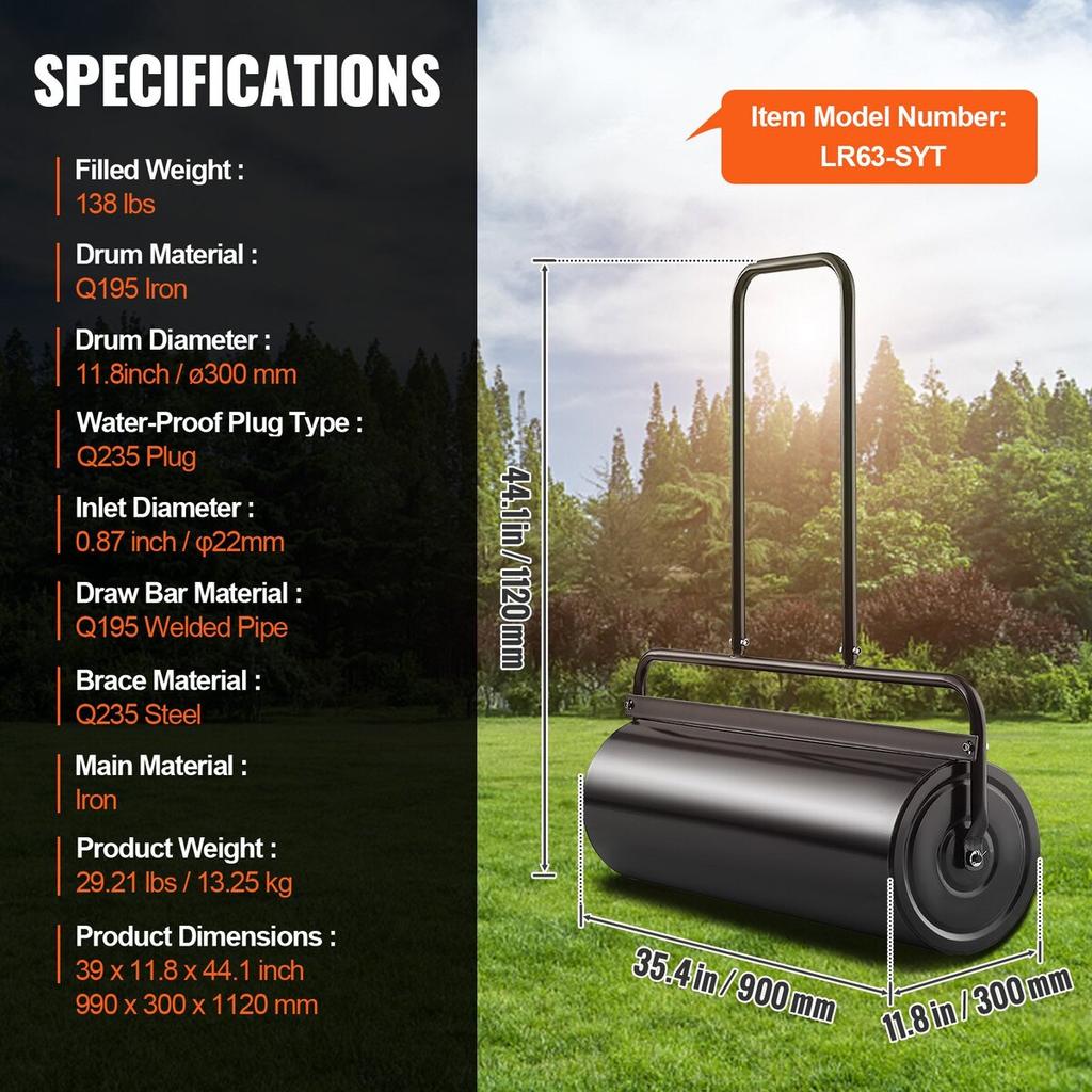 Lawn Roller, 17 Gallon Sand/Water Filled Yard Roller, Steel Sod Roller with Easy-turn Plug and U-Shaped Ergonomic Handle for Convenient Push and Pull,