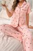 Women’s Cherry Print Button-Down Peter Pan Collar Long Pajama Set - Elegant and Comfortable Sleepwear