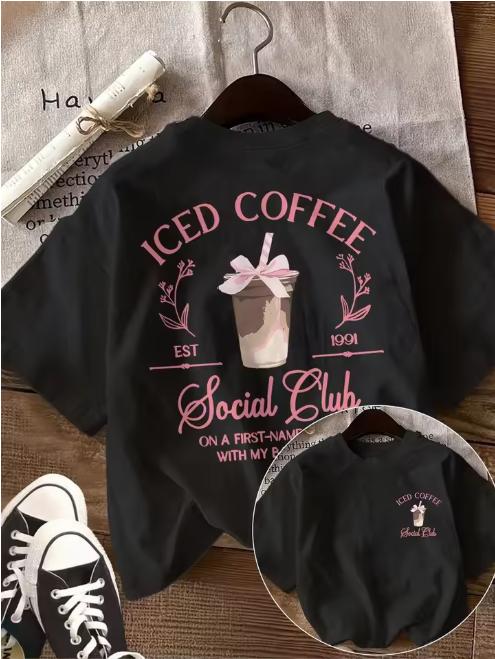 Iced Coffee Social Club Graphic TShirt Pink Bow Coffee Lover Tee Summer Harajuku Streetwear Tops For Unisex