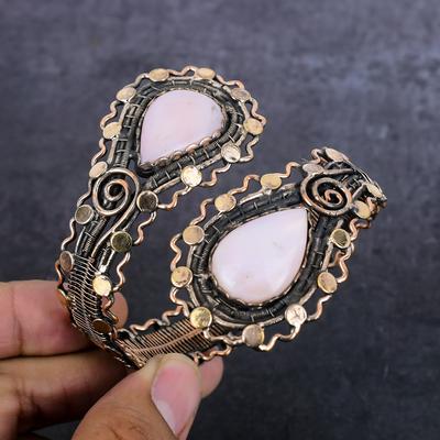 Браслет-манжета из натурального розового опала ручной работы из медной проволоки, регулируемый o8Z16