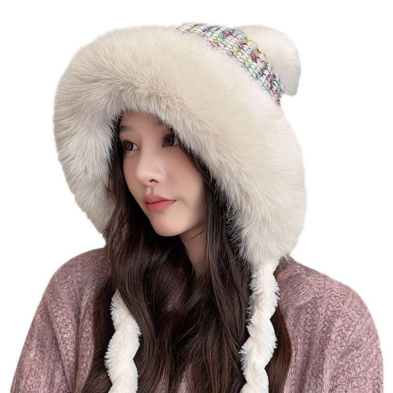 Женская термозимняя шапка из искусственного кроличьего меха, милая утолщенная белая пушистая шапка-ушанка, плюшевая шапка