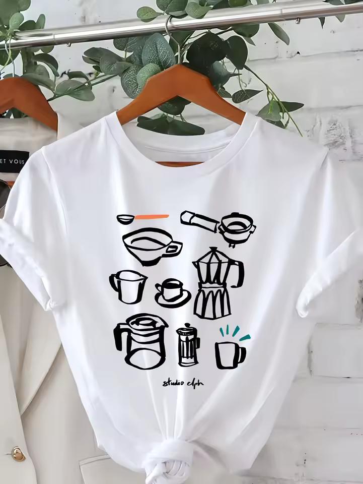 Casual Short-Sleeve with Special Coffee Pattern Perfect for Spring and Summer Designed Summer Sleeved Harajuku Streetwear