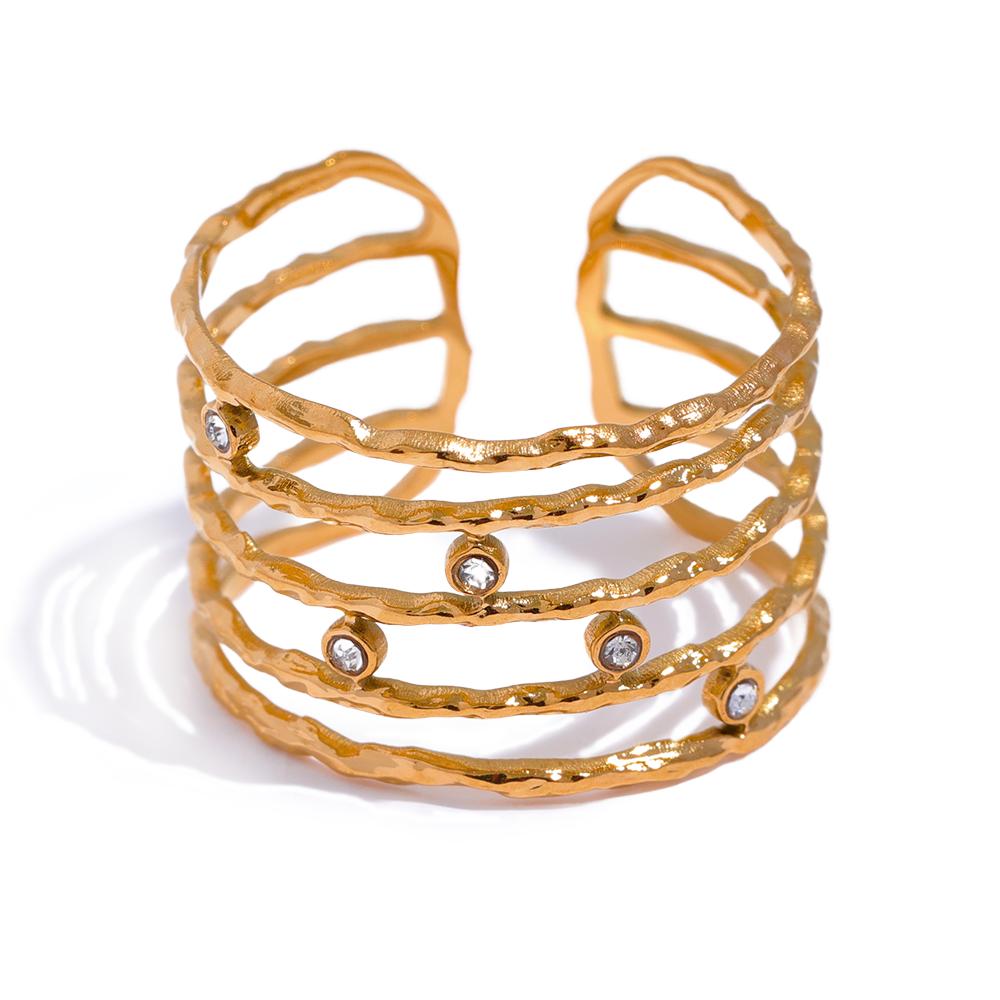 Yhpup Chic Layered Stainless Steel Finger CZ Wide Ring Stylish 18K Gold Color French Charms Jewelry Waterproof Women Wholesale